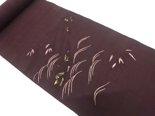 JAPANESE KIMONO / ANTIQUE BOLT FOR HASSUN OBI / SILK / TSUZURE / WOVEN BOAT & WAVE & BAMBOO GRASS